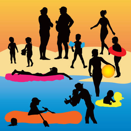 Holiday color   illustration. Kids and parents enjoy hot weather.のイラスト素材