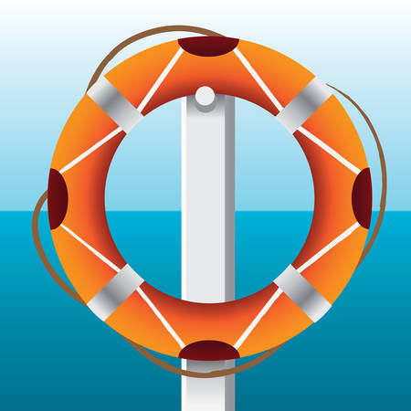 Orange color rescue wheel hanged on a pillar. Sea background.のイラスト素材