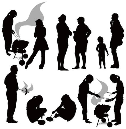Outdoor grill. Black people silhouettes having picnic isolated on white background. Gray smoke.のイラスト素材
