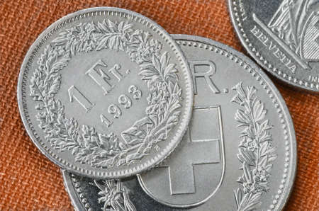 Swiss coins close up  One, and five francs coins の写真素材