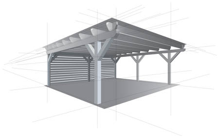 Wooden storage space project. Kind of shed or garage. Vector illustration. Guide outlines creating perspective view for drawing.のイラスト素材