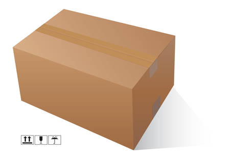 Post parcel box closed with tape as vector illustration. Object isolated with small light shadow on the right side. Bottom black post signs about stacking up, handle with care, water resistanceのイラスト素材