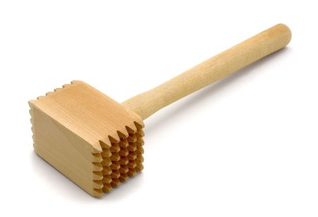 Wooden meat tenderizer isolated on whiteの写真素材