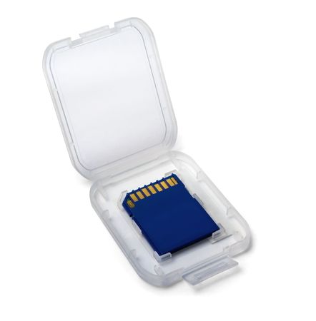 SD memory card in plastic case isolated on white