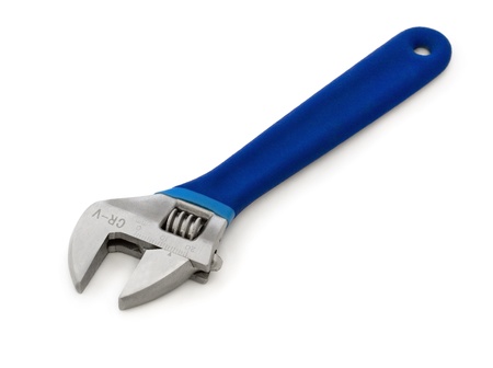 Adjustable wrench with blue handle isolated on white の写真素材