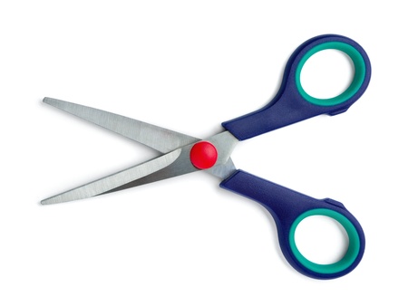 Pair of blue handled scissors isolated on white