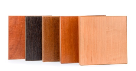 Row of samples of  stained wood for furniture isolated on whiteの写真素材