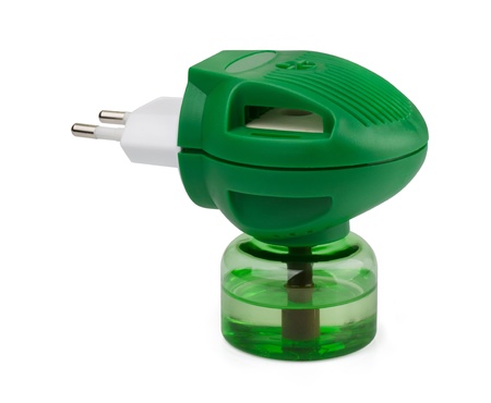 Green boottle of liquid anti-mosquito repellent isolated on whiteの写真素材