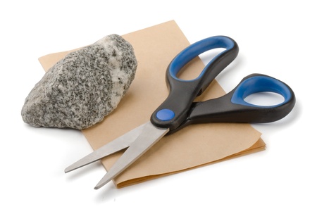 Rock, paper and scissors isolated on whiteの写真素材