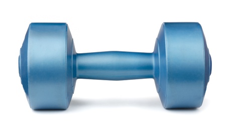Single blue dumbbell isolated on whiteの写真素材