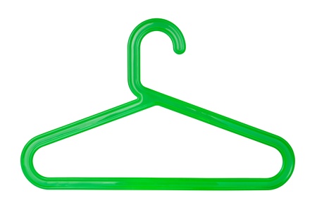 Green plastic clothes hanger isolated on whiteの写真素材