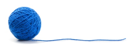 Blue knitting yarn clew isolated on whiteの写真素材