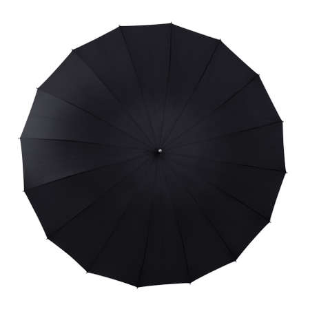 Top view of black open umbrella isolated on whiteの写真素材