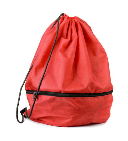 Red drawstring shoe bag isolated on whiteの写真素材