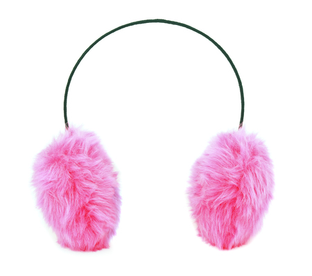 Pink furry ear muffs isolated on whiteの写真素材