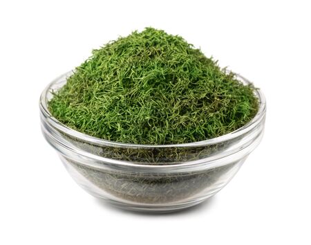 Bowl of dried dill weed isolated on whiteの写真素材