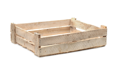 Empty wooden fruit crate isolated on whiteの写真素材