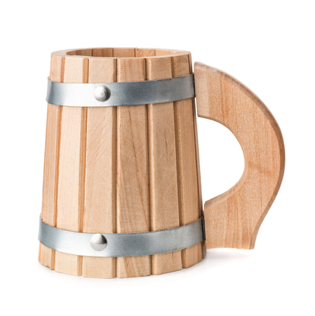 Empty wooden beer mug isolated on whiteの写真素材