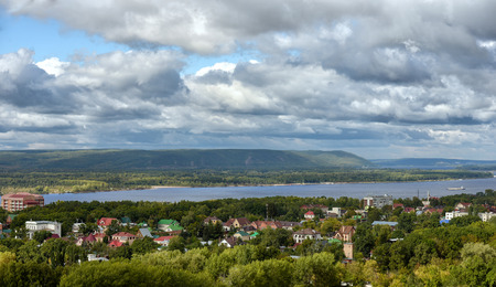 View of Samara city suburb with Volga river and Zhiguli mountainsの写真素材