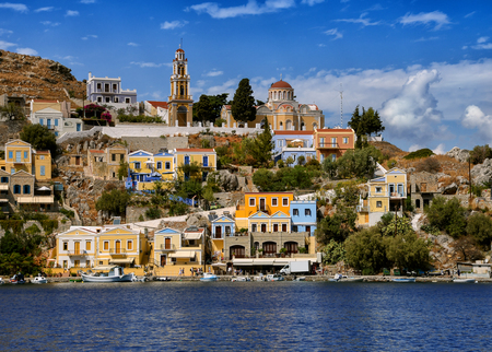 Church and houses of the Symi Island. Dodecanese. Greece