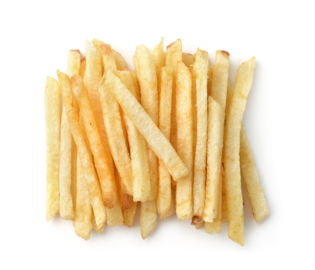 Top view of fried potato sticks isolated on white