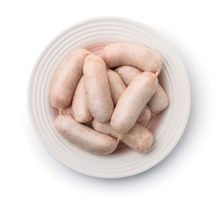  Plate of traditional bavarian white sausages isolated on whiteの写真素材