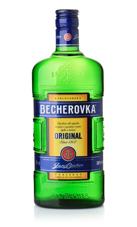 Samara, Russia - January 2018. Product shot of Czech herbal bitters  Becherovka bottle isolated on whiteのeditorial素材