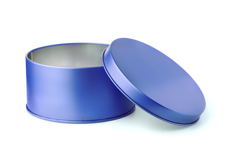 Open blue round metal box isolated on whiteの写真素材