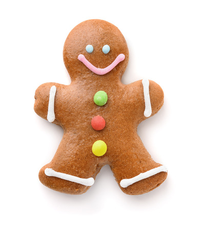 Top view of gingerbread man isolated on whiteの写真素材