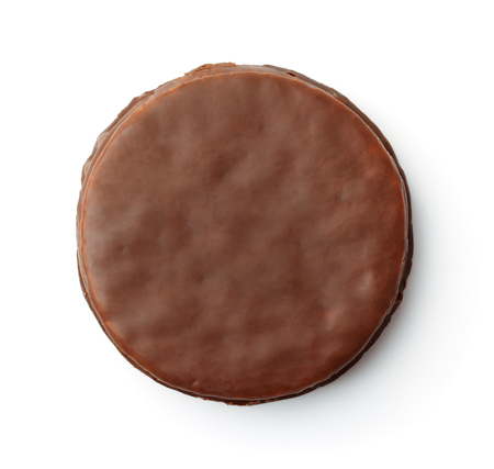 Top view of round chocolate cookie isolated on whiteの写真素材