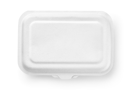 Top view of biodegradable paper food box isolated on whiteの写真素材