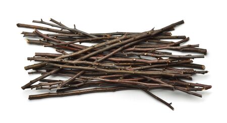 Top view of dry wooden twigs isolated on white
