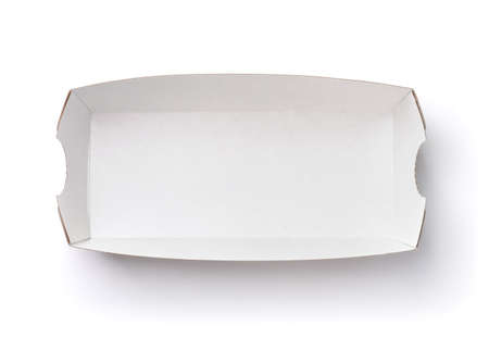 Top view of empty paper hot dog tray isolated on whiteの写真素材