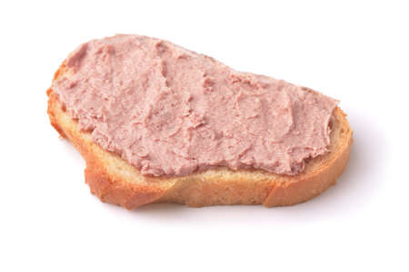 Slice of wheat bread with liver pate isolated on whiteの写真素材