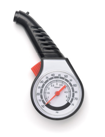 Top view of tire pressure gauge isolated on white