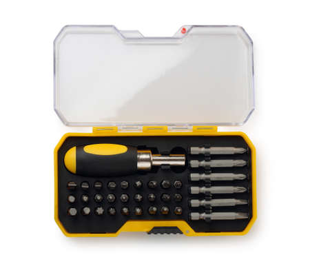 Top view of impact torsion screwdriver bit set in plastic case isolated on white