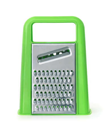 Front view of kitchen vegetable grater made of steel and plastic isolated on whiteの写真素材