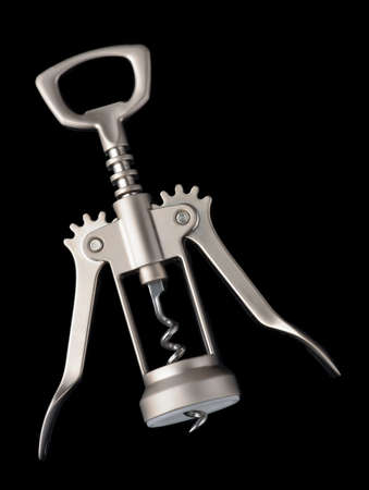 Top view of steel winged corkscrew bottle opener isolated on black