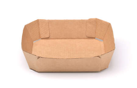 Front view of empty brown paper packaging food tray isolated on white