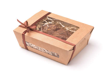 Brown kraft paper gift box with window isolated on white