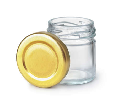 Front view of open empty glass jar and blank golden lid isolated on white