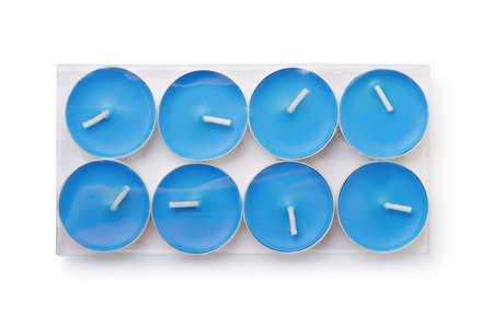 Top view of  blue tealight candles packaging isolated on whiteの写真素材