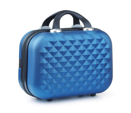 Blue carry-on hardside luggage case isolated on whiteの写真素材