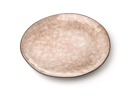 Empty rough trendy handmade ceramic dish isolated on whiteの写真素材