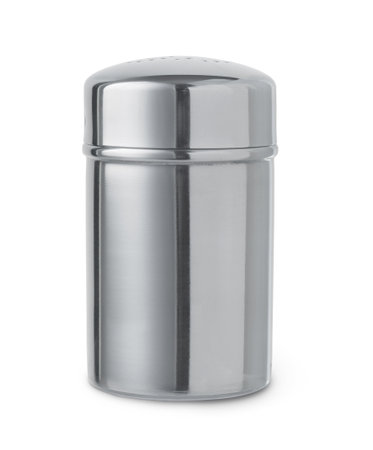 Front view of stainless steel salt shaker isolated on whiteの写真素材
