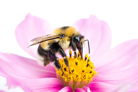 Bumblebee on pink flower isolated on white background, closeupの素材
