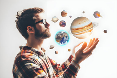 Young man in glasses looking at planets on white background. Astronomy conceptの素材