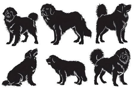 set of vector silhouettes of dogs of different breeds on white backgroundの素材