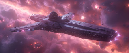 Spaceship explores a wide bicycle. Beautiful scenery, background, purple tones, future, exploration. Generative AI.の素材