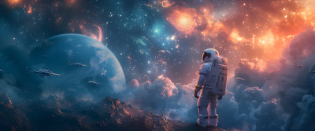 An astronaut stands on a distant planet looking at the beautiful scenery and wonderland, background, universe and space. Generative AI.の素材